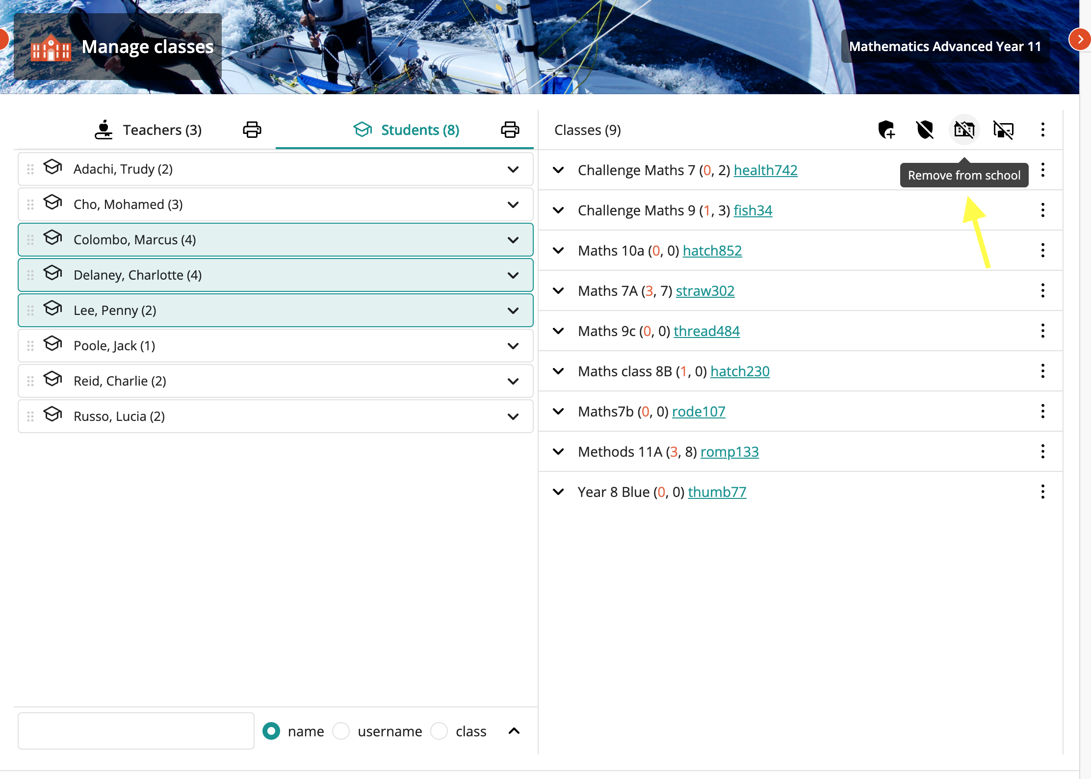 screenshot of class management