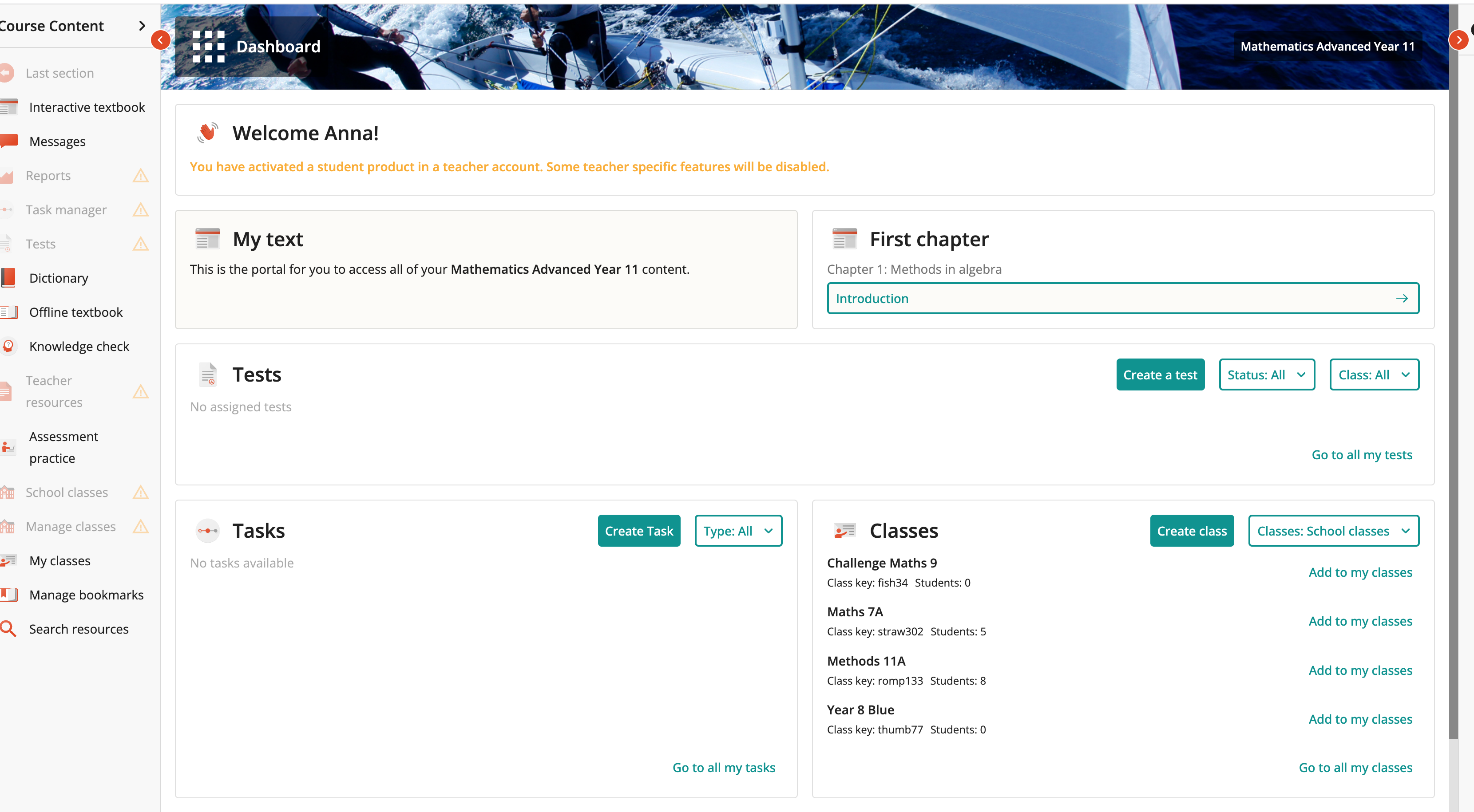 screenshot of teacher in student account