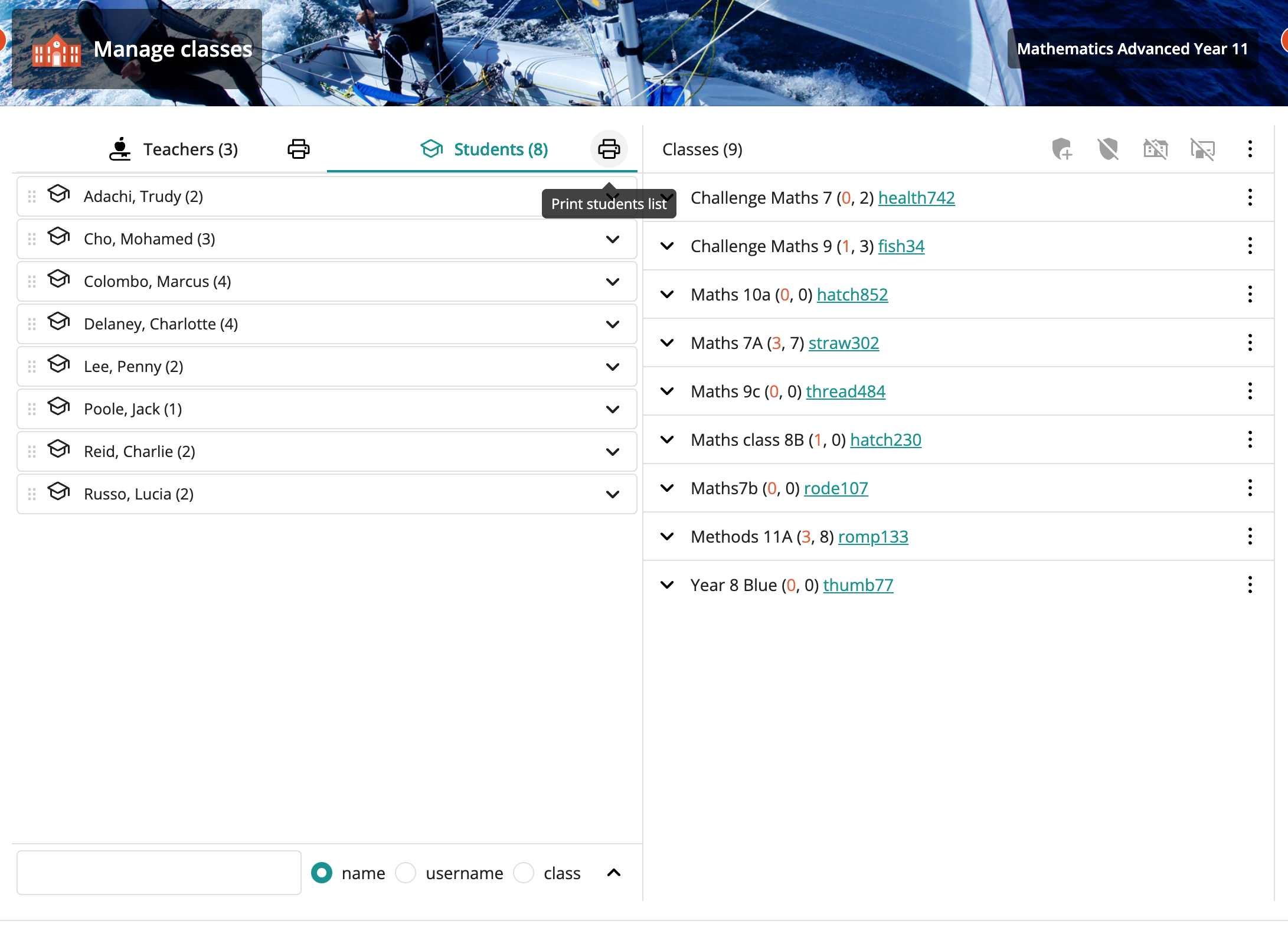 another screenshot of class management showing print class