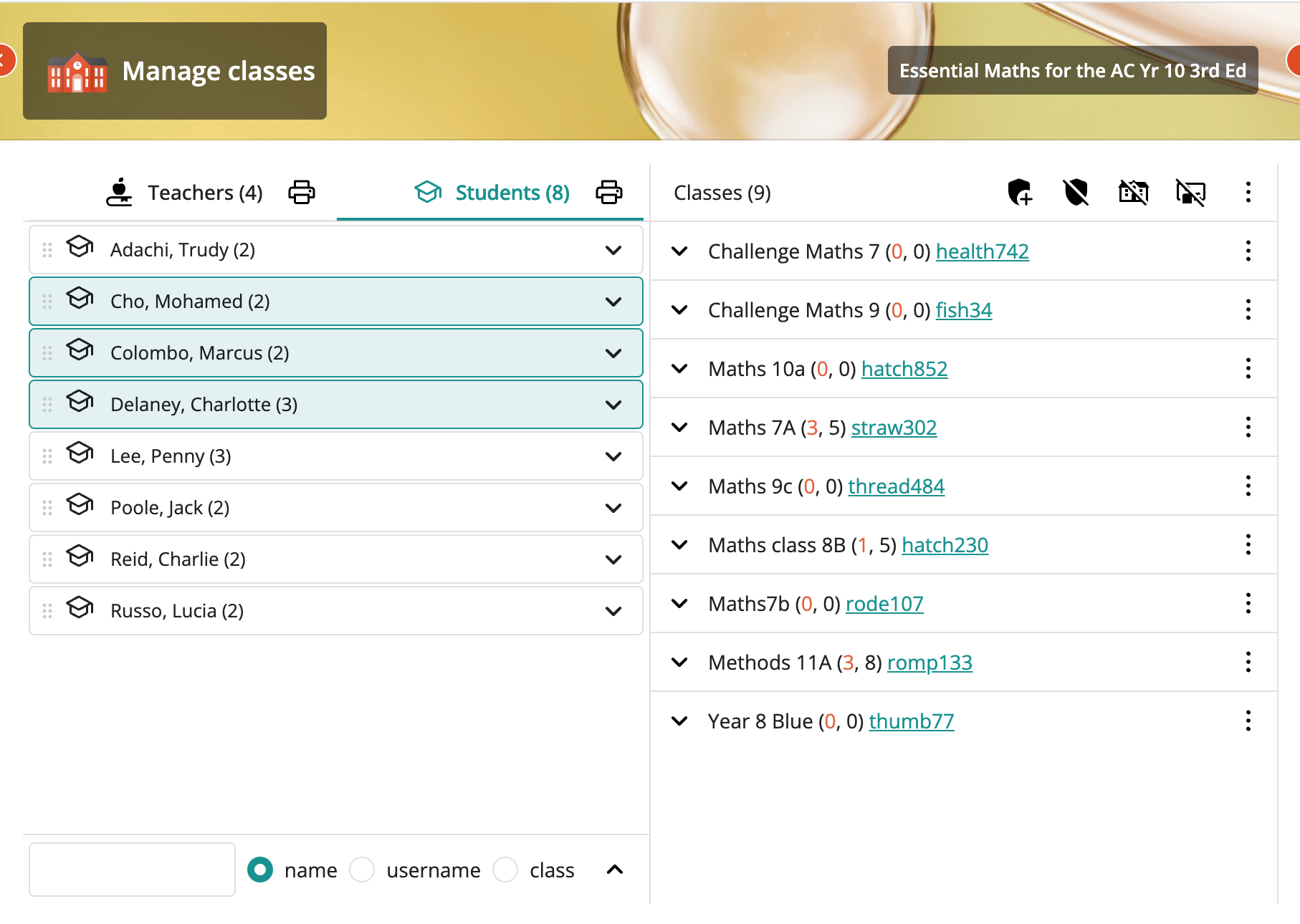 Screenshot of Manage class section