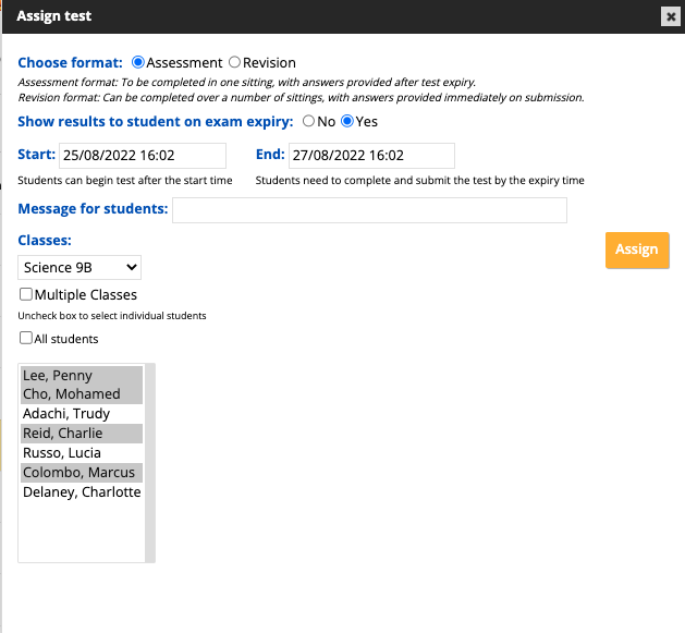 Screenshot of assign test box