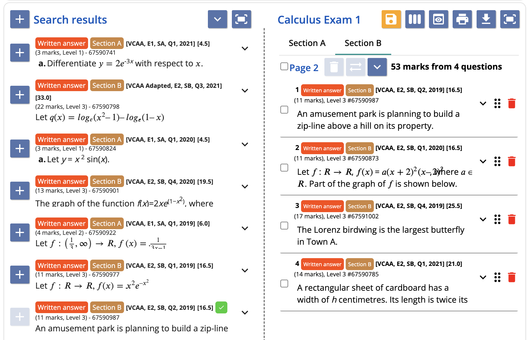 Screenshot of search results and draft exam