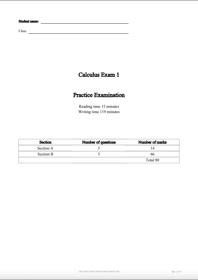 Printable practice exam cover