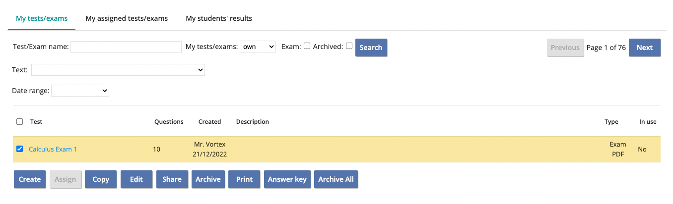 Screenshot of exam bank