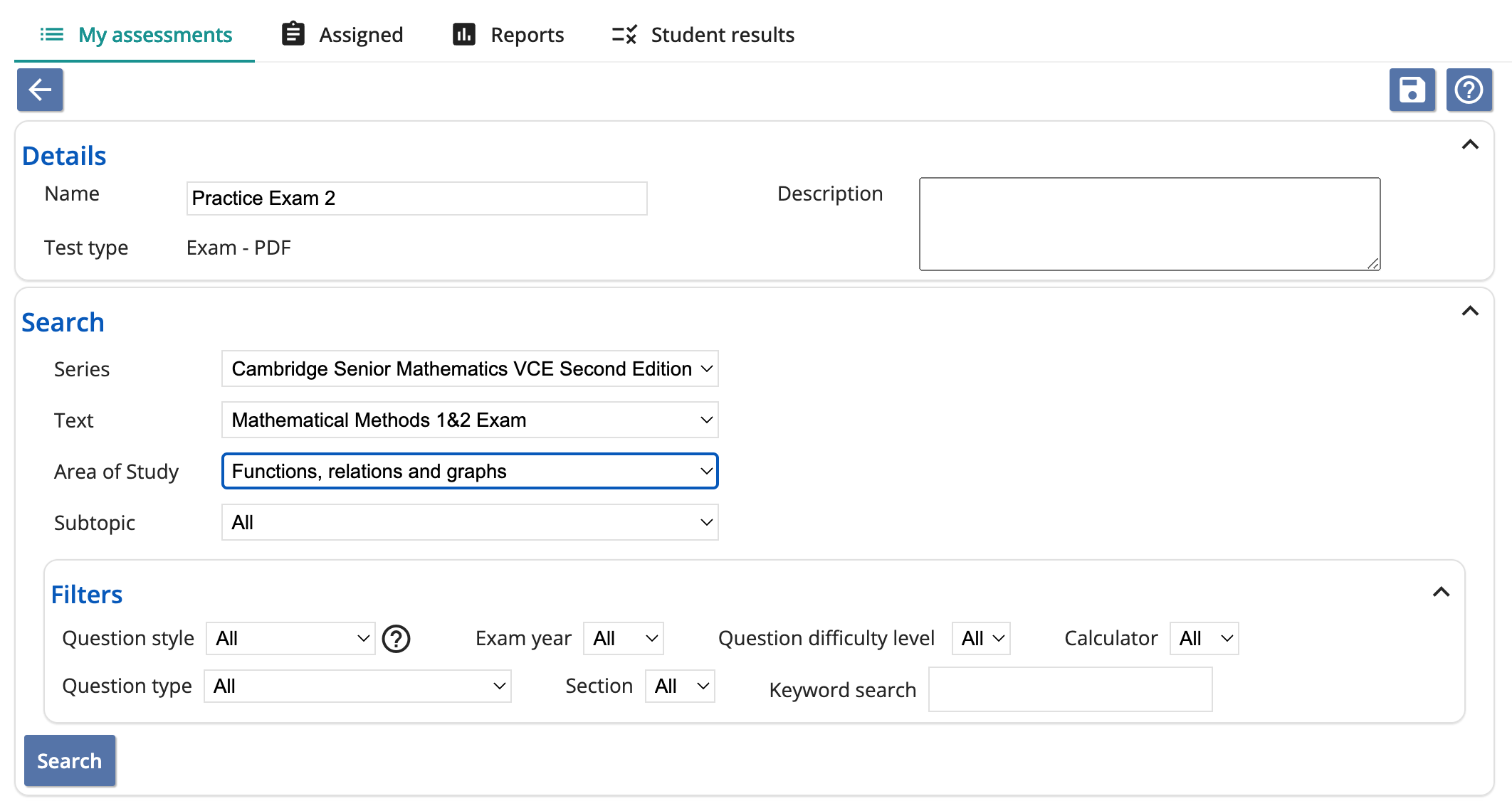 Screenshot of exam filters