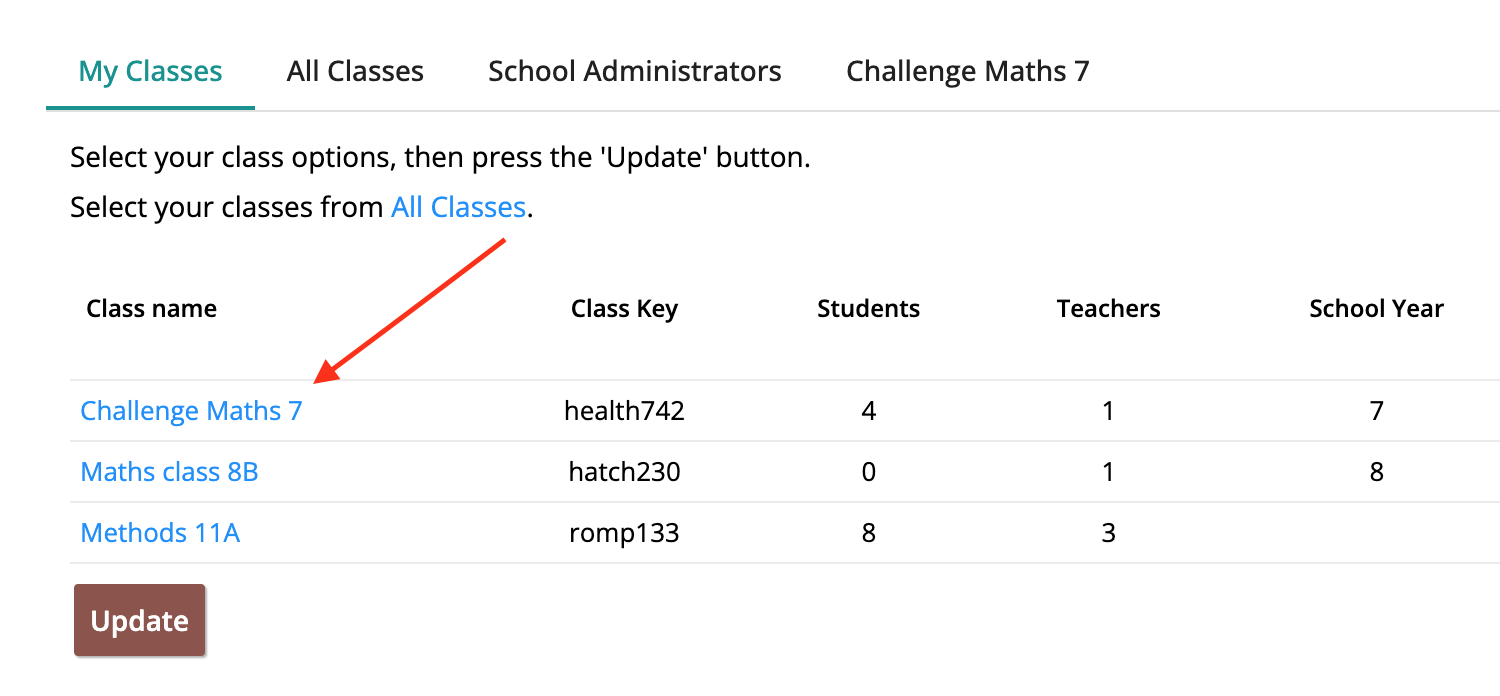 Screenshot of My classes tab