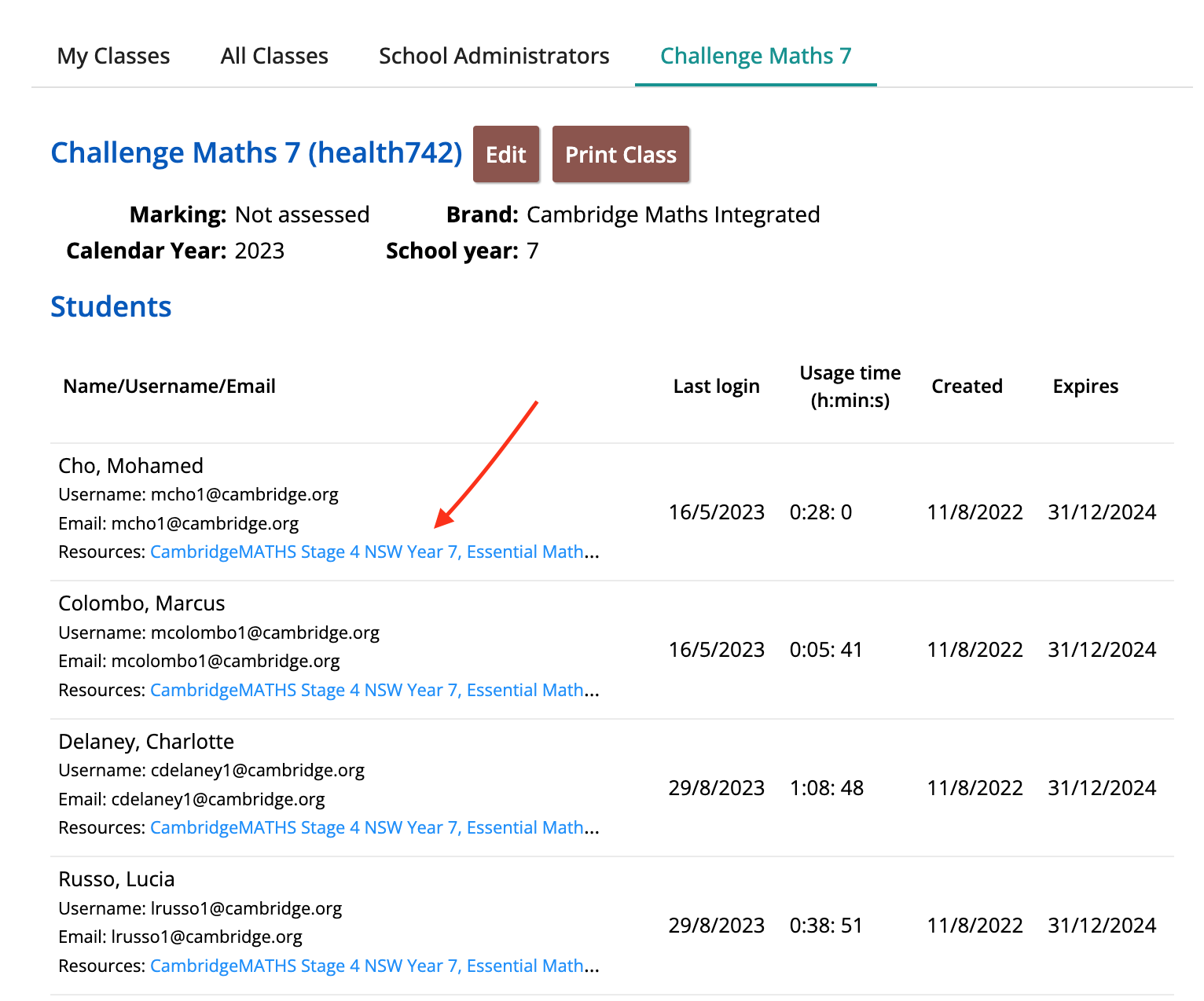Screenshot of class details and resources