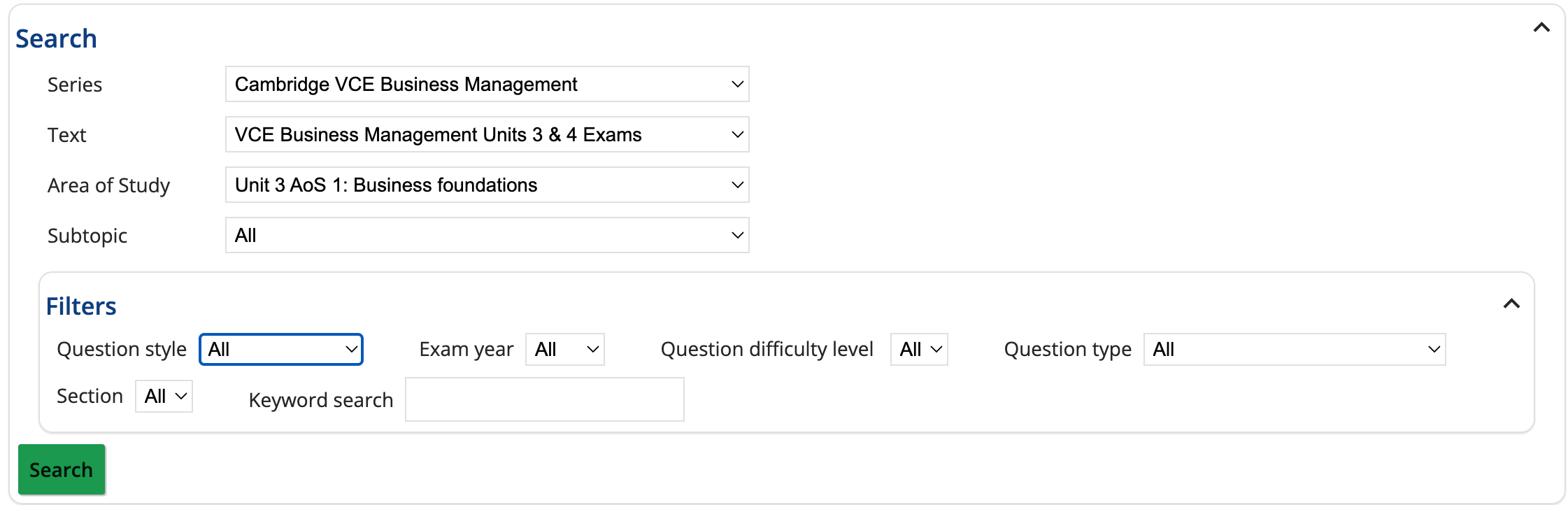 Screenshot of Business Management search filters