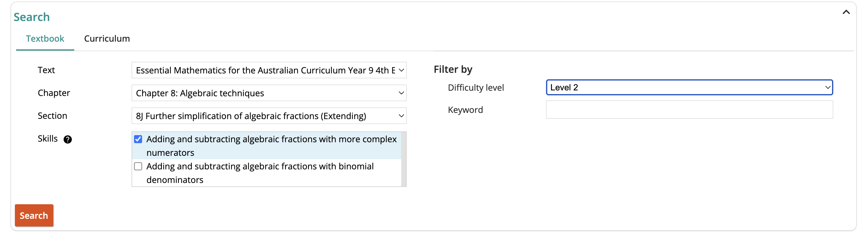 Screenshot of search questions criteria