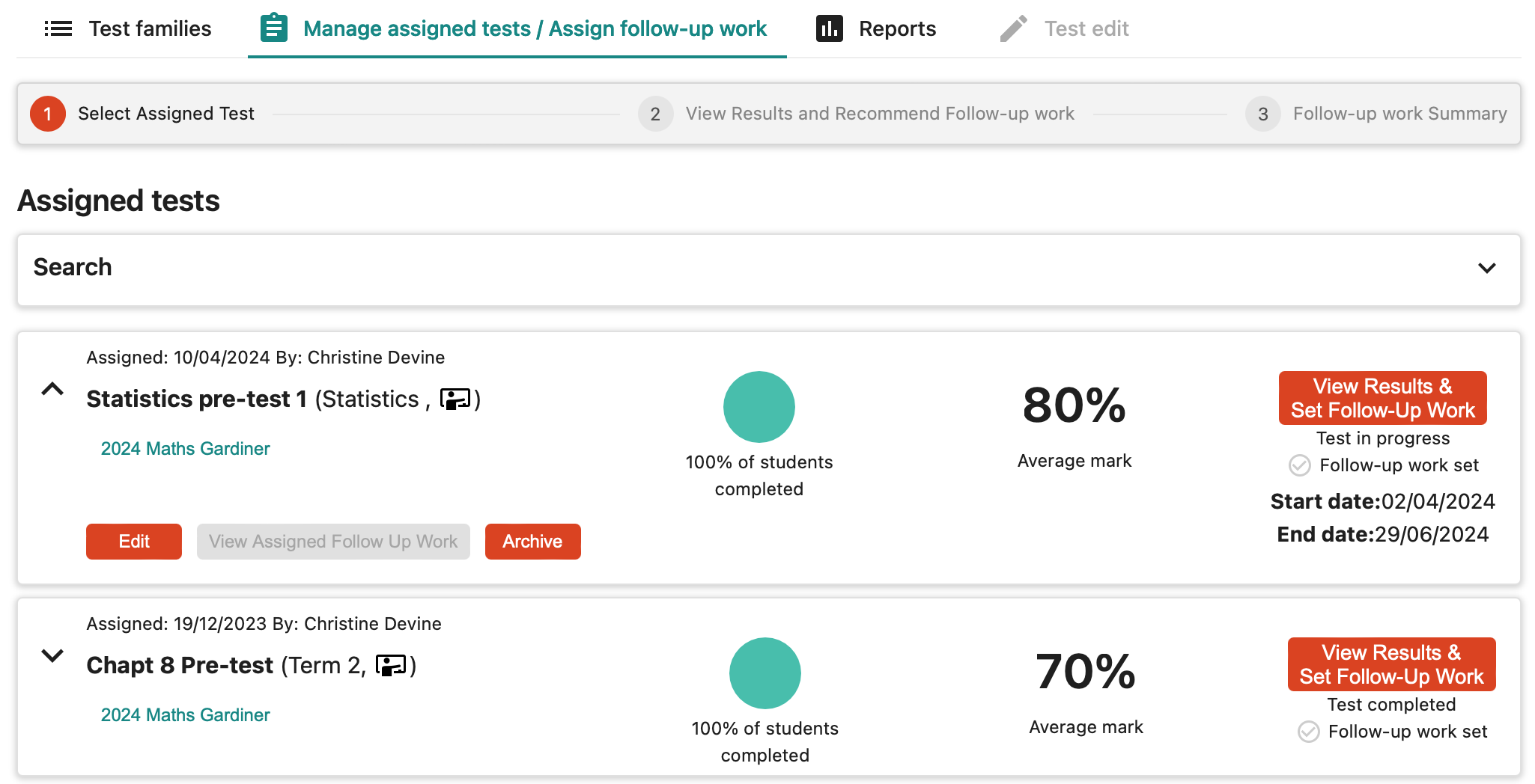 Screenshot of Manage assigned tests / Assign follow-up work tab