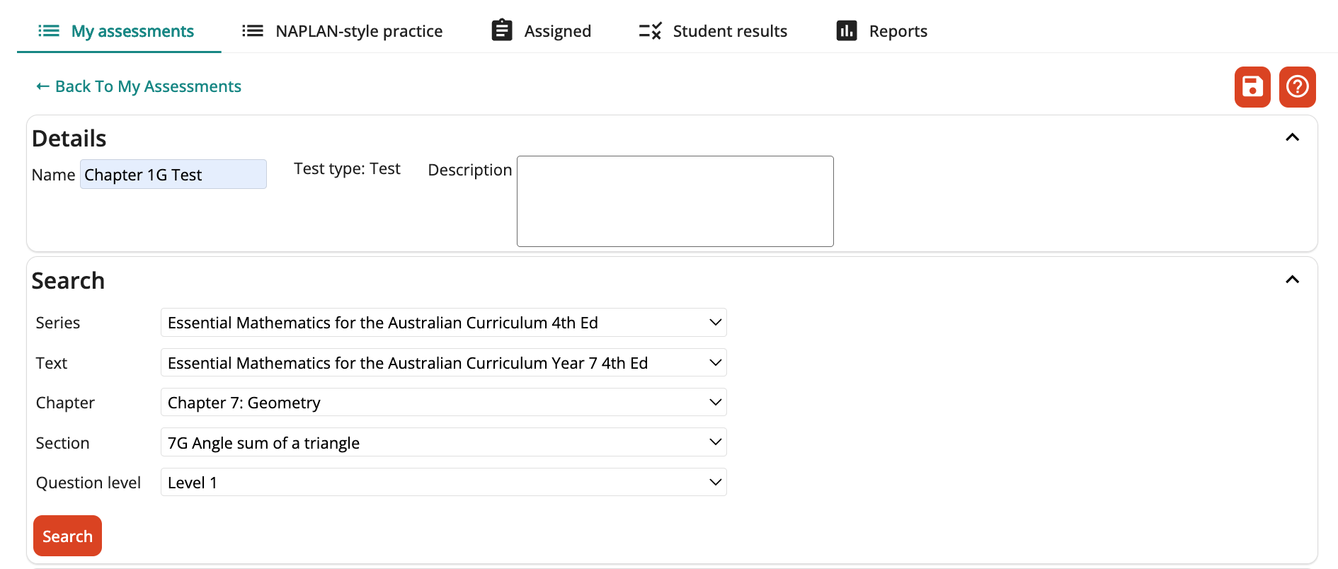 Screenshot of test search filters