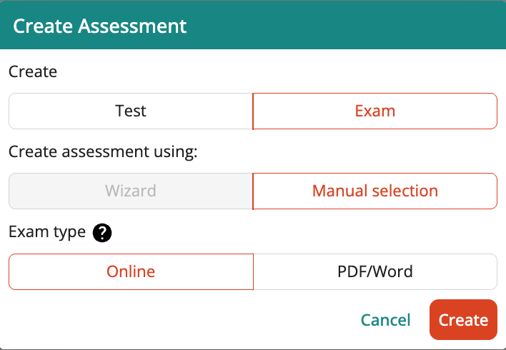 Screenshot of Assessment creation box