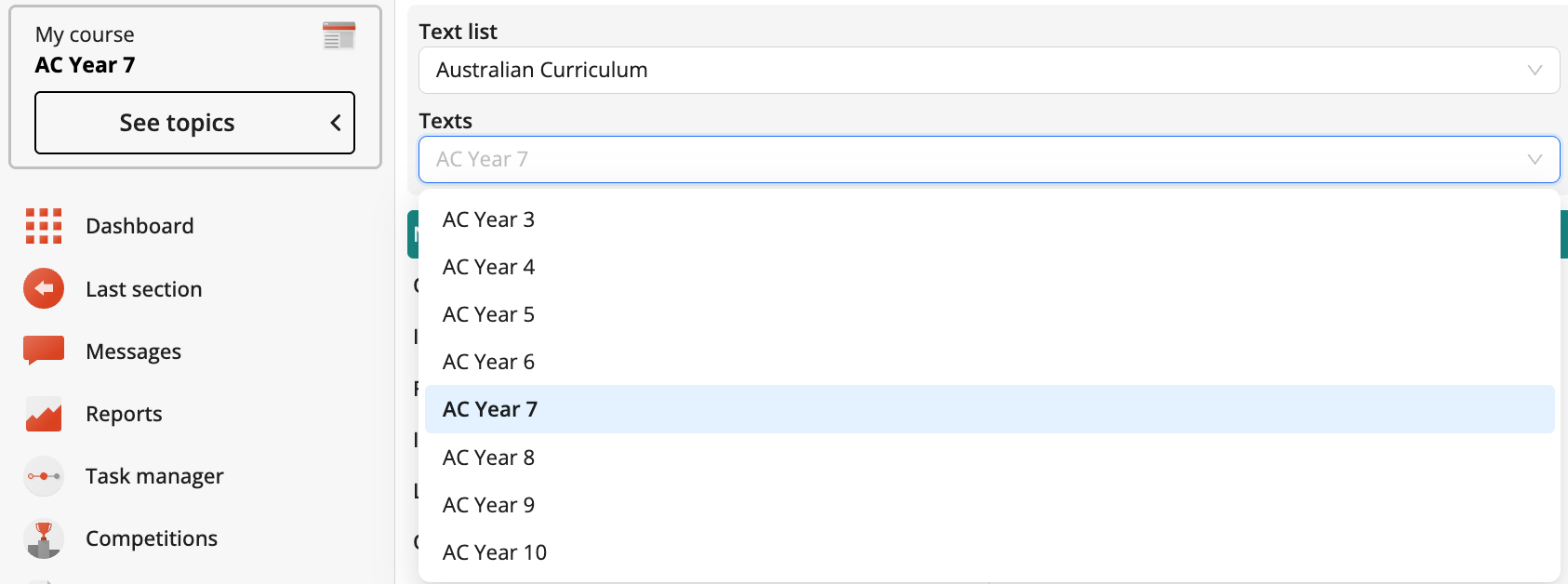 Screenshot of navigation to other year levels