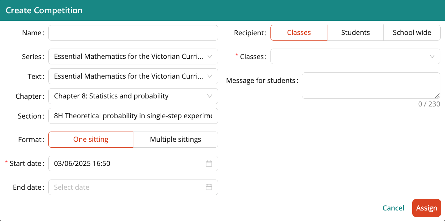 Screenshot of Create competition box