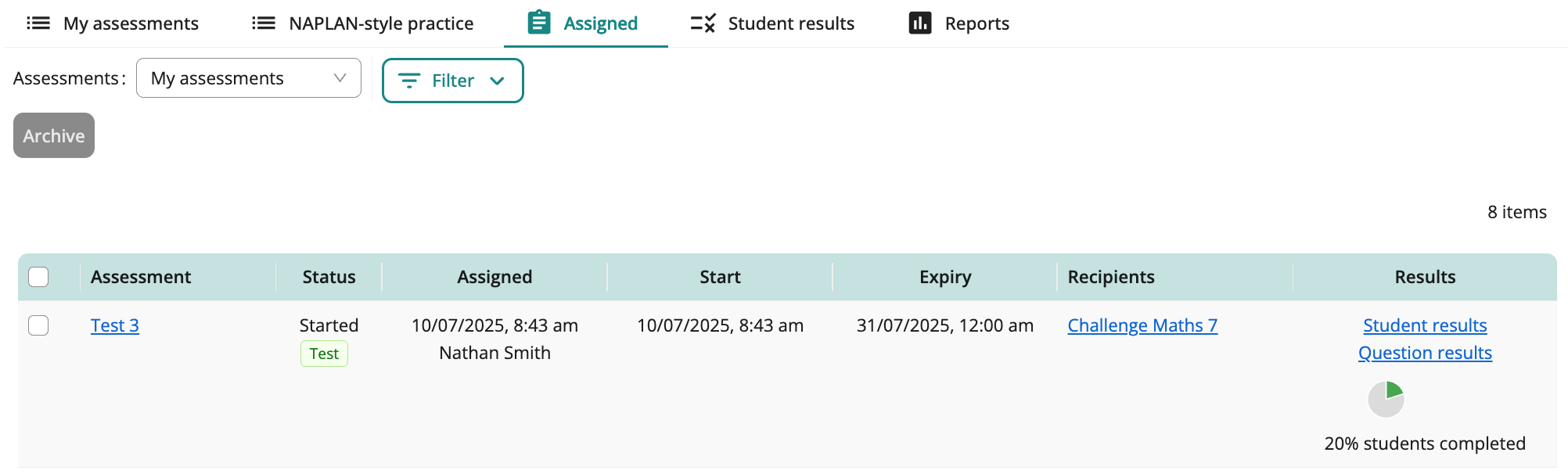 Screenshot of assigned test 