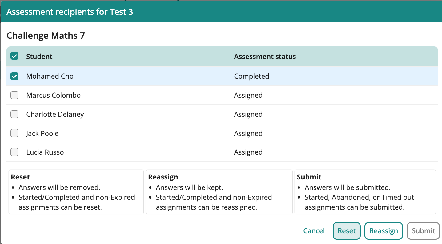 Screenshot of Test status of students