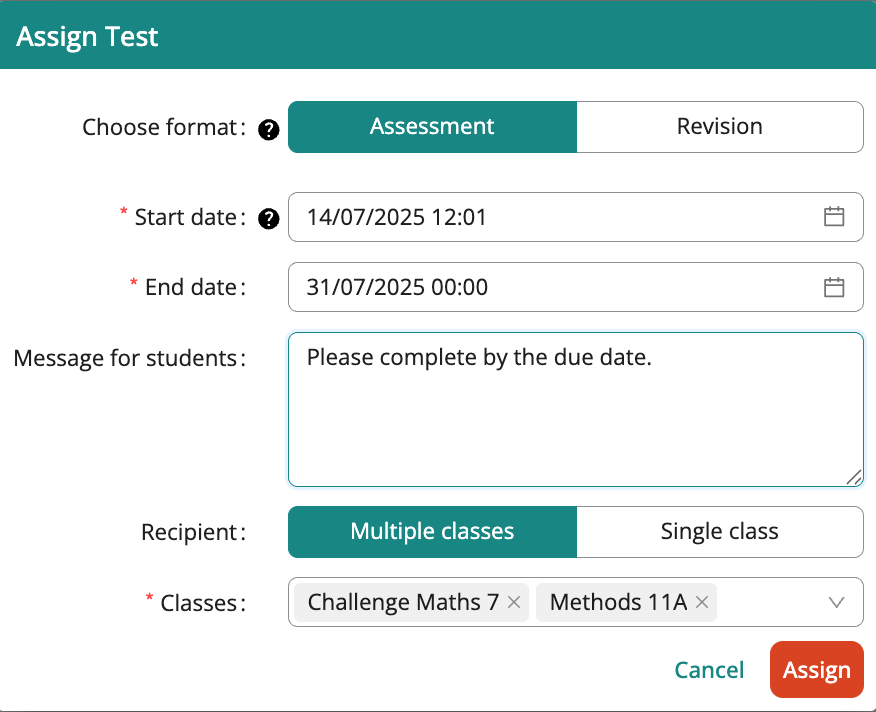 Screenshot of assign test box