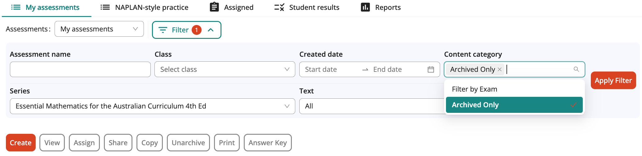 Screenshot of Assessment Filter