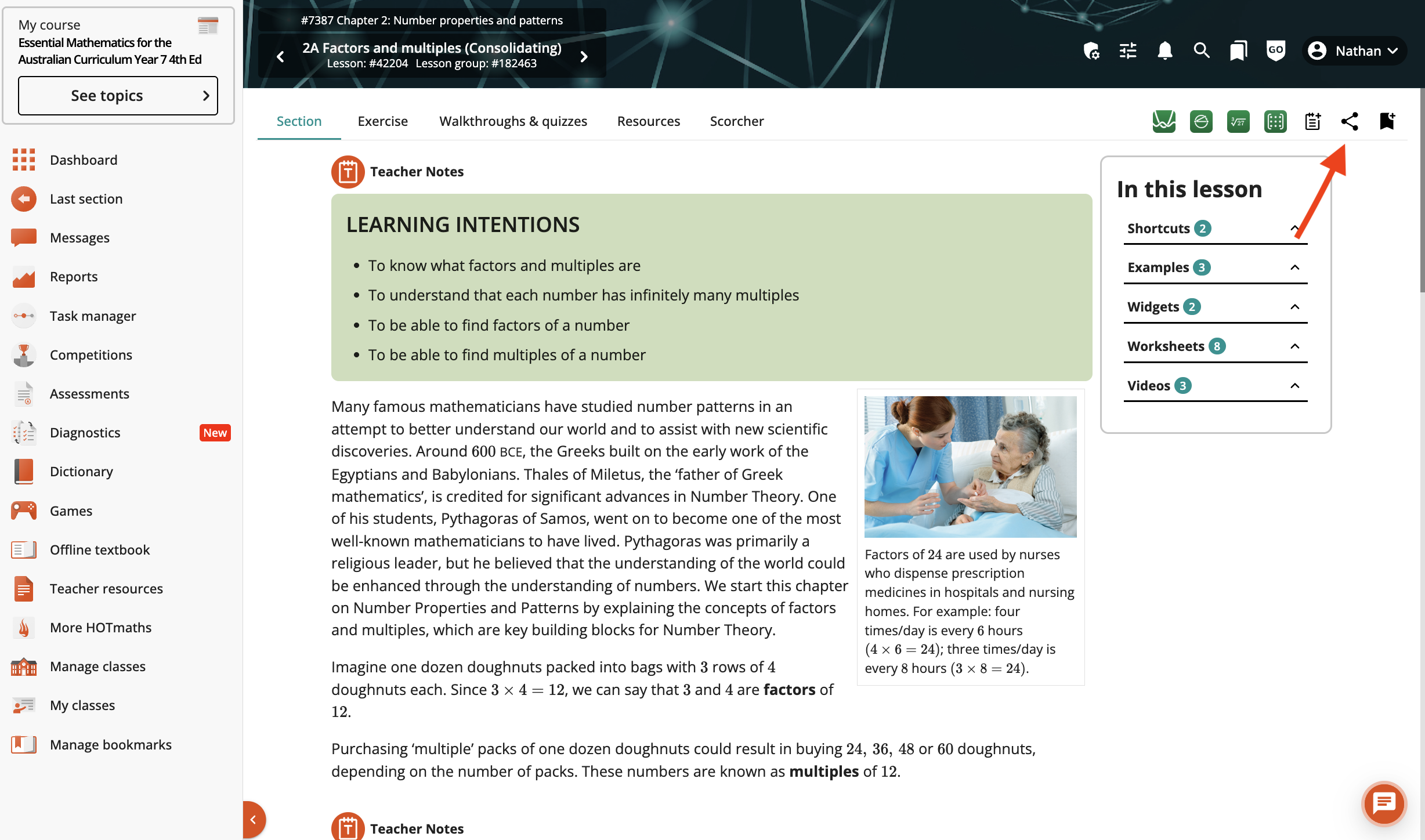 Screenshot of Interactive Textbook showing location of deep link icon