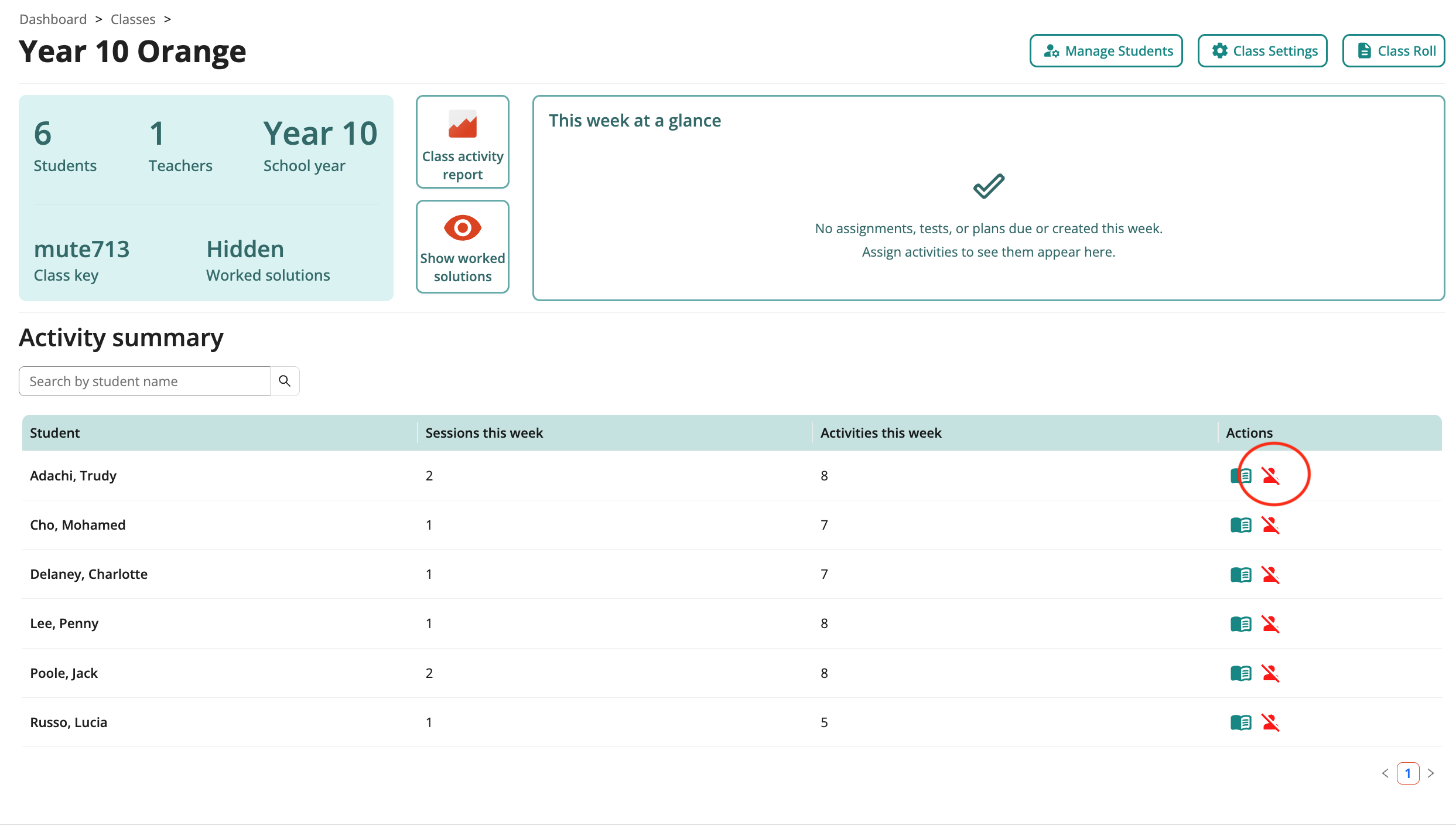 Screenshot of class view with remove user icon circled 