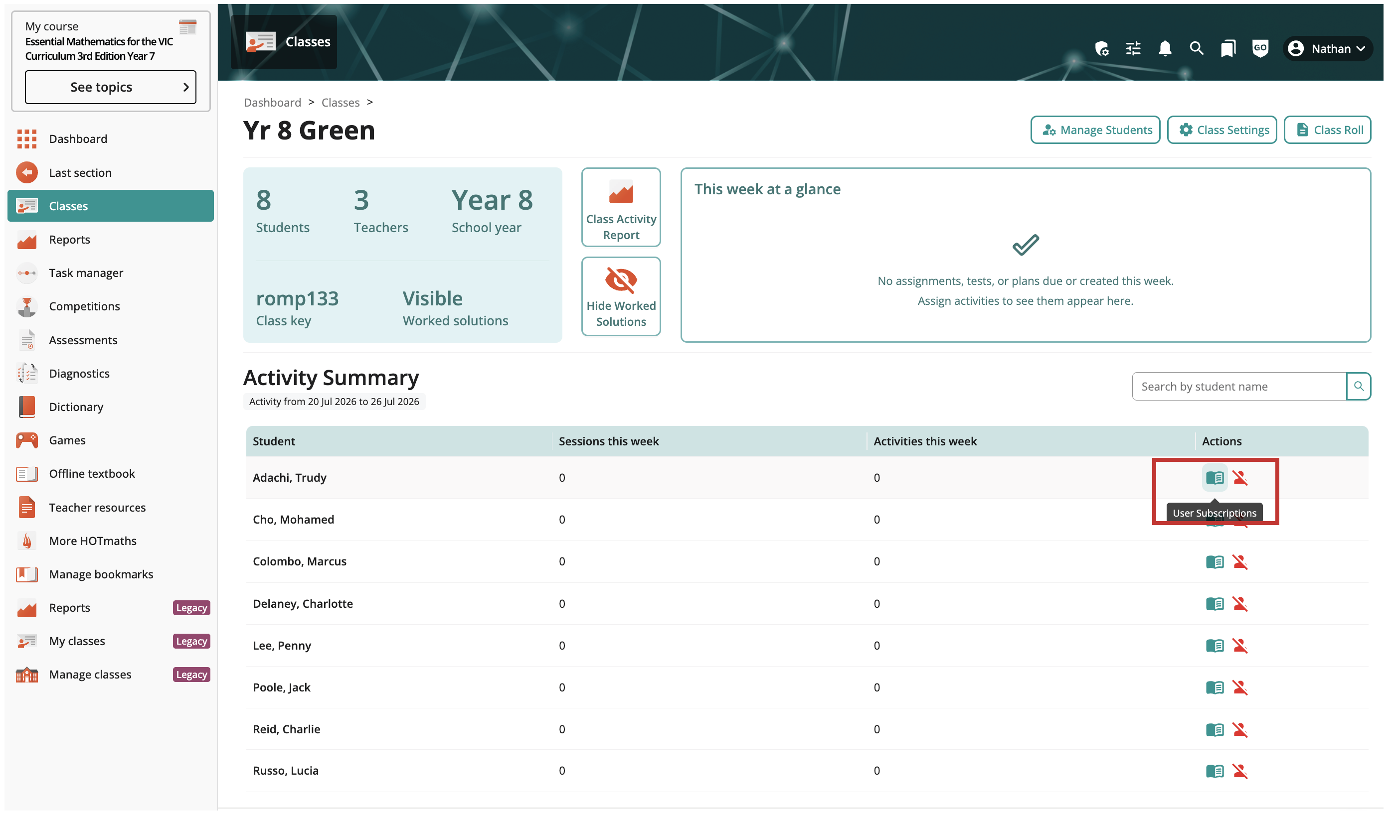 Screenshot of class view 