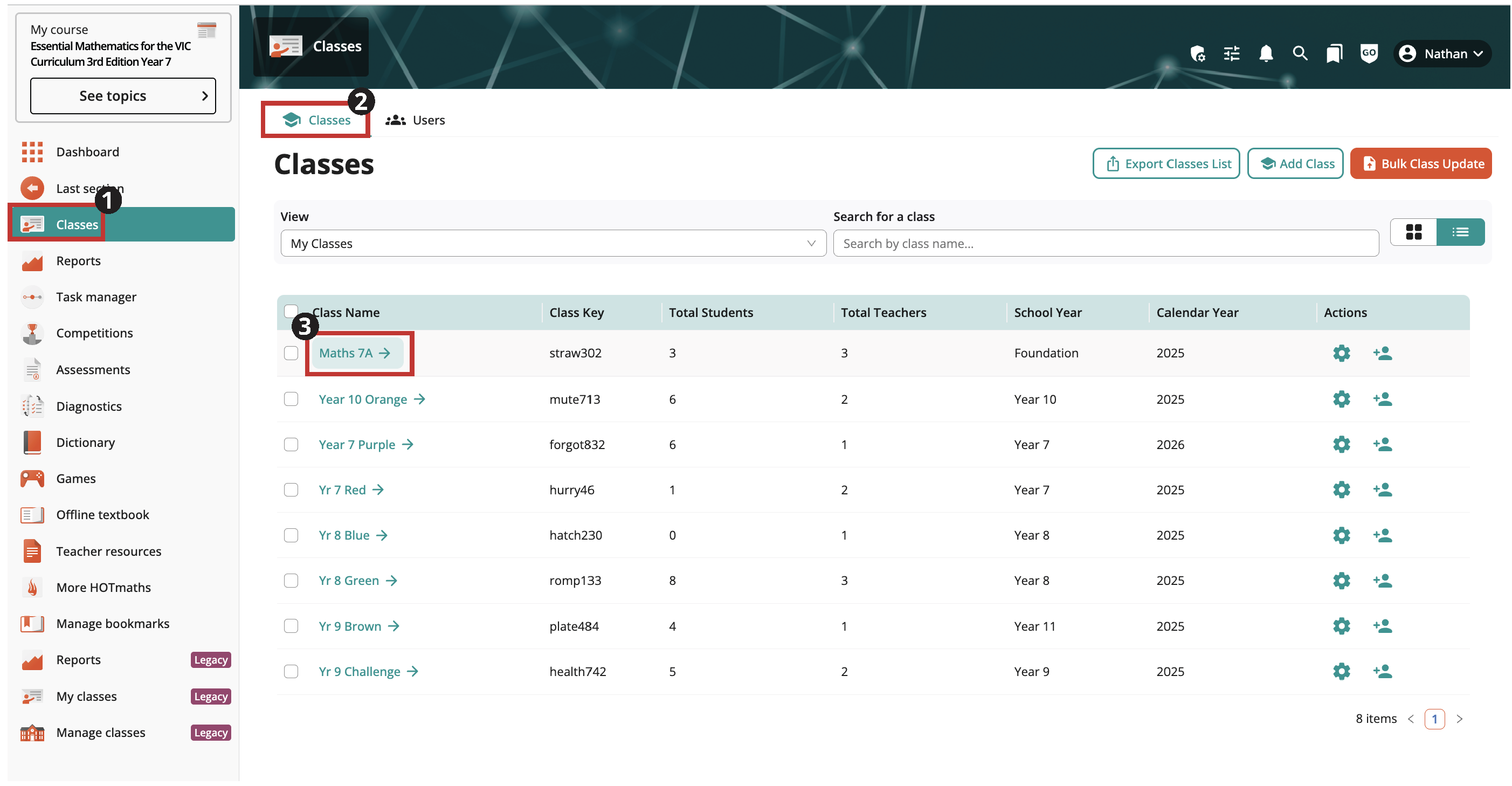 Screenshot of steps to access class subs